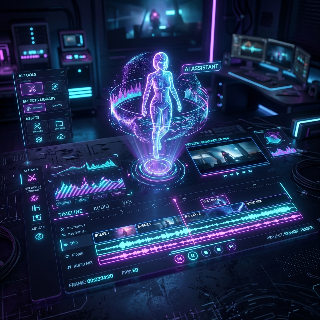 Futuristic AI Video Editing Assistant Graphic