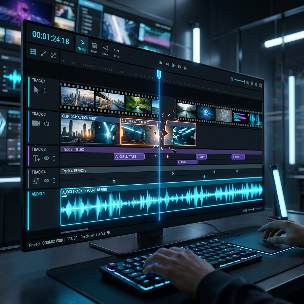 AI video frames timeline cutting illustration